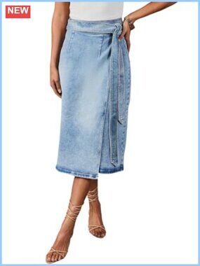 Women's Wrap Denim Midi Skirt High Waist A-Line Side Tie Jean Long Skirt